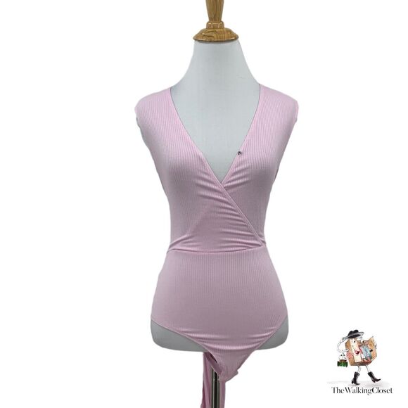 BCBGeneration Bodysuit Womens XS Extra Small Pink Cut Out Surplice Wrap Tie Knit - Picture 2 of 12